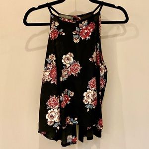 High Neck Sleeveless Black Floral Top